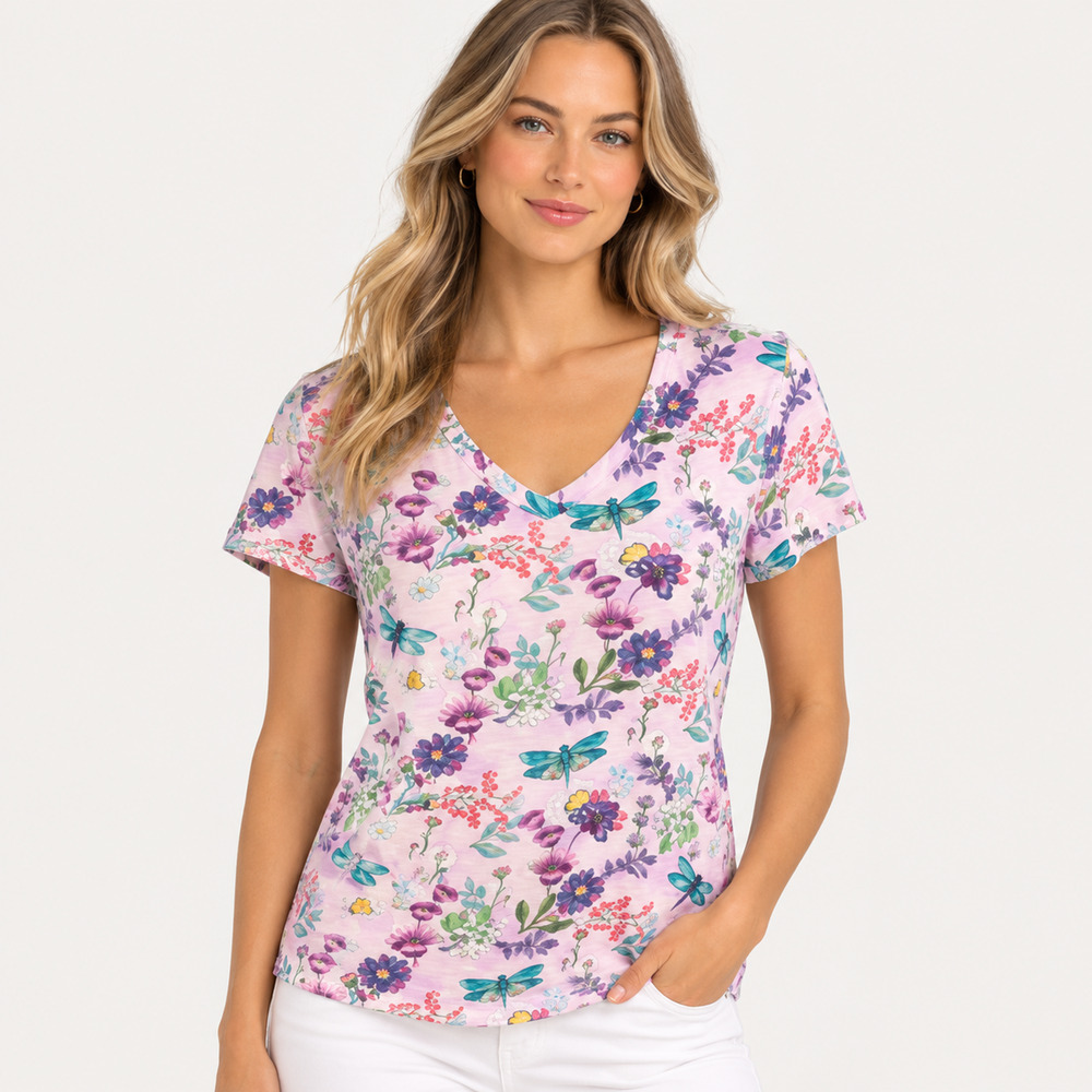 Sundance Catalog Gladiola Tee Dragonfly Floral Print Short Sleeve Top XS